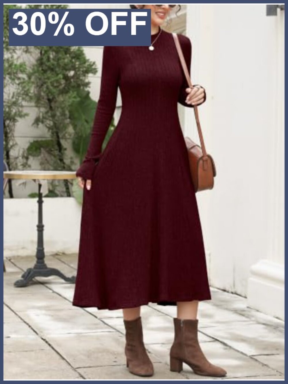 Ribbed Knit Mock Neck Long Sleeve Midi Dress - Picture 3 of 6
